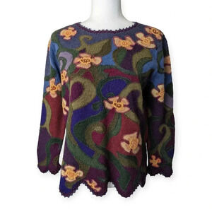 Peruvian Connection Purple Crewneck Floral Alpaca Sweater Fun Funky Art-Wear